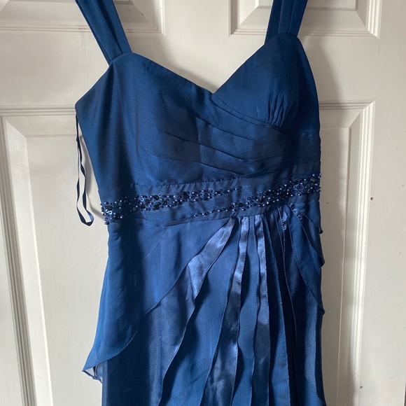 Adrianna Papell Beads Tiered Chiffon Evening Gown Sz 8 Prussian Blue Prom Dress - Picture 4 of 16